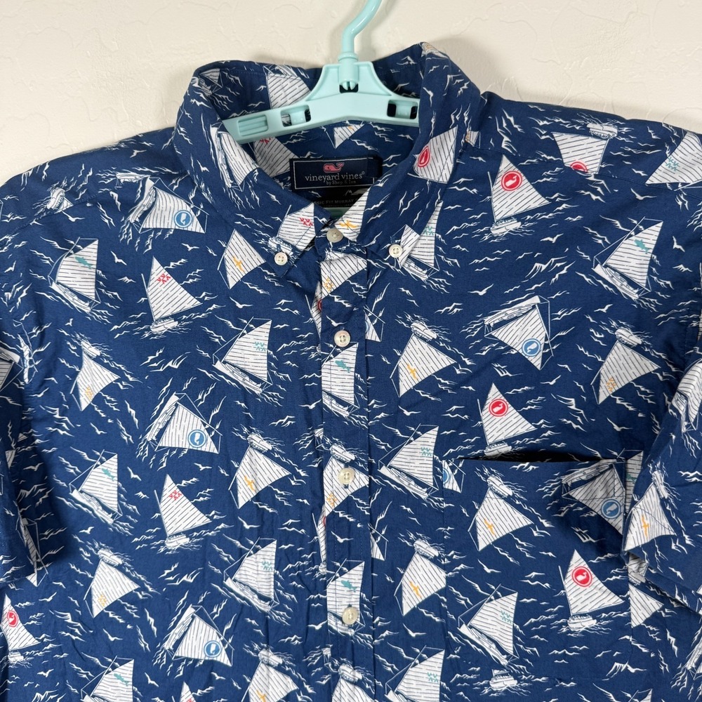 Vineyard Vines‎ Shirt Mens 2XL Blue Button Down Short Sleeve Ocean Sails Boat